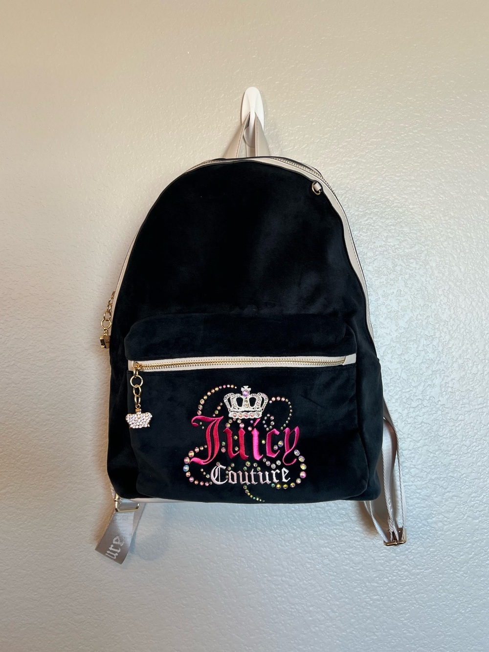 Juicy Couture Velour Backpack Black Pink Rhinestone Logo Y2K Adjustable Strap